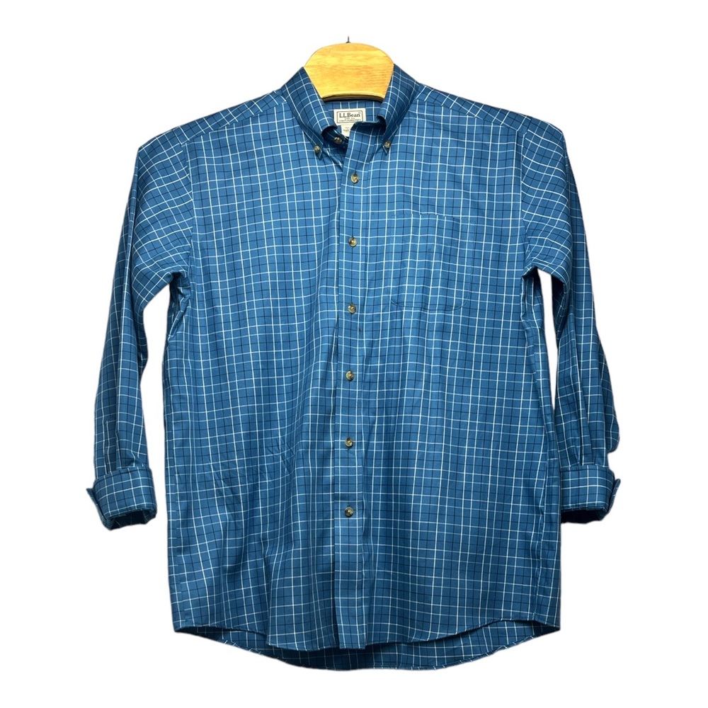 LL Bean Men's  Wrinkle Free Summer Blue Plaid Long Sleeve Button Up Shirt Size L